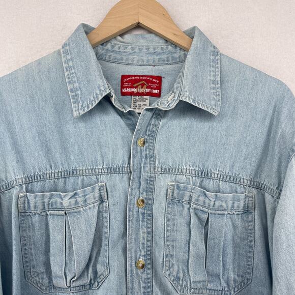 MARLBORO COUNTRY STORE Shirt Mens L Denim Button Up Cowboy Vintage Cotton Blue - Picture 3 of 12